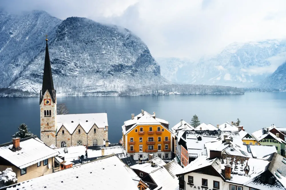 european village lake view